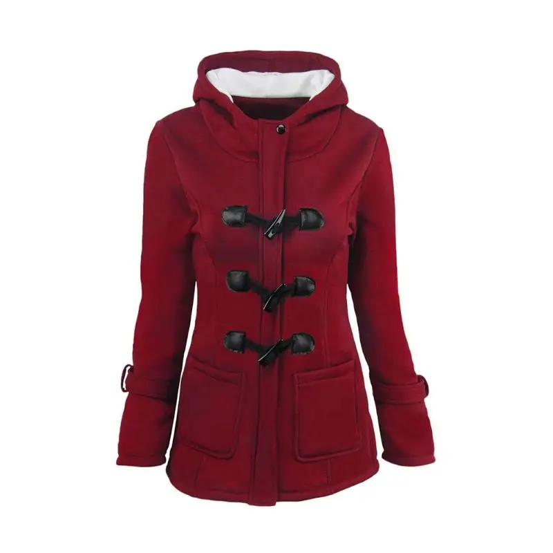 

Wine Red Women Casual Winter Coat Outerwear Warm Hooded Horn Button Pockets Overcoat Plus Size Autumn Thick Outerwear S-6XL