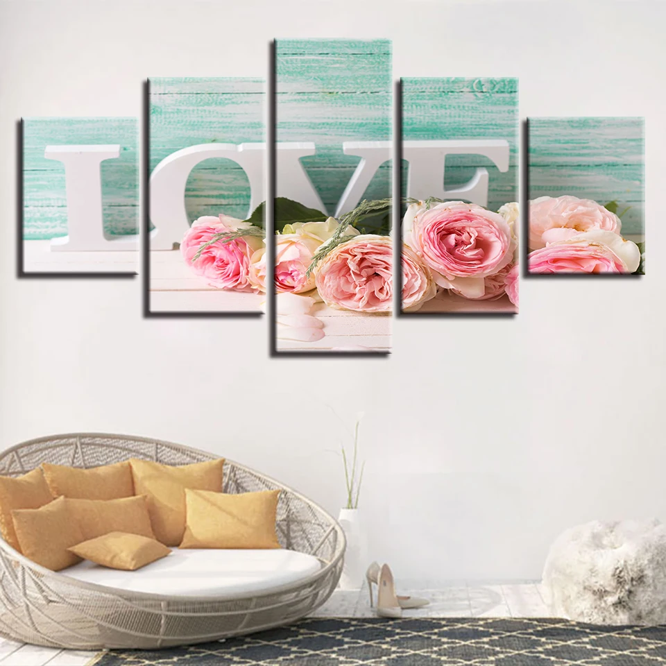 

Decor Wall Art Living Room HD Printed 5 Pieces Pink Roses And Letters Love Painting Frame Modular Pictures Canvas Modern Artwor