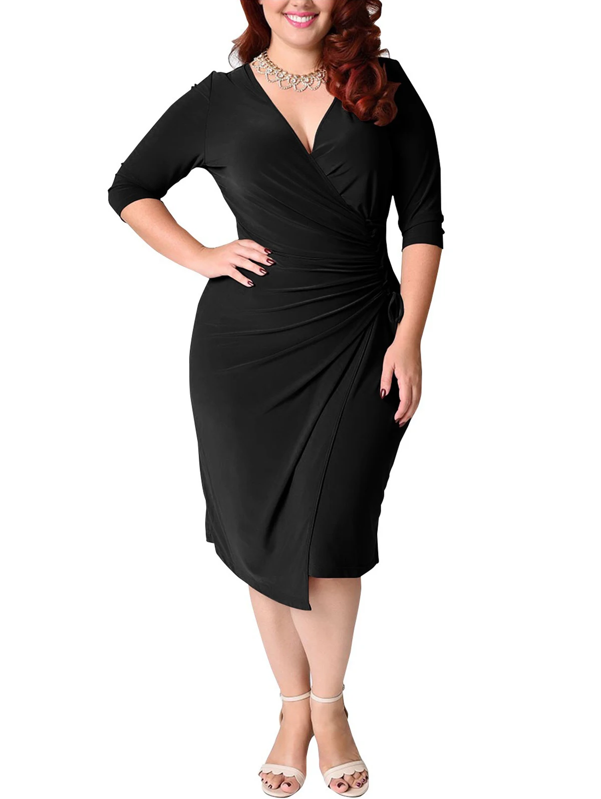 

Wipalo Women Plus Size 5XL V Neck Bandage Casual Solid Dress Draped Lace Up Belted Slit Dress 3/4 Sleeves Knee Length Vestidos