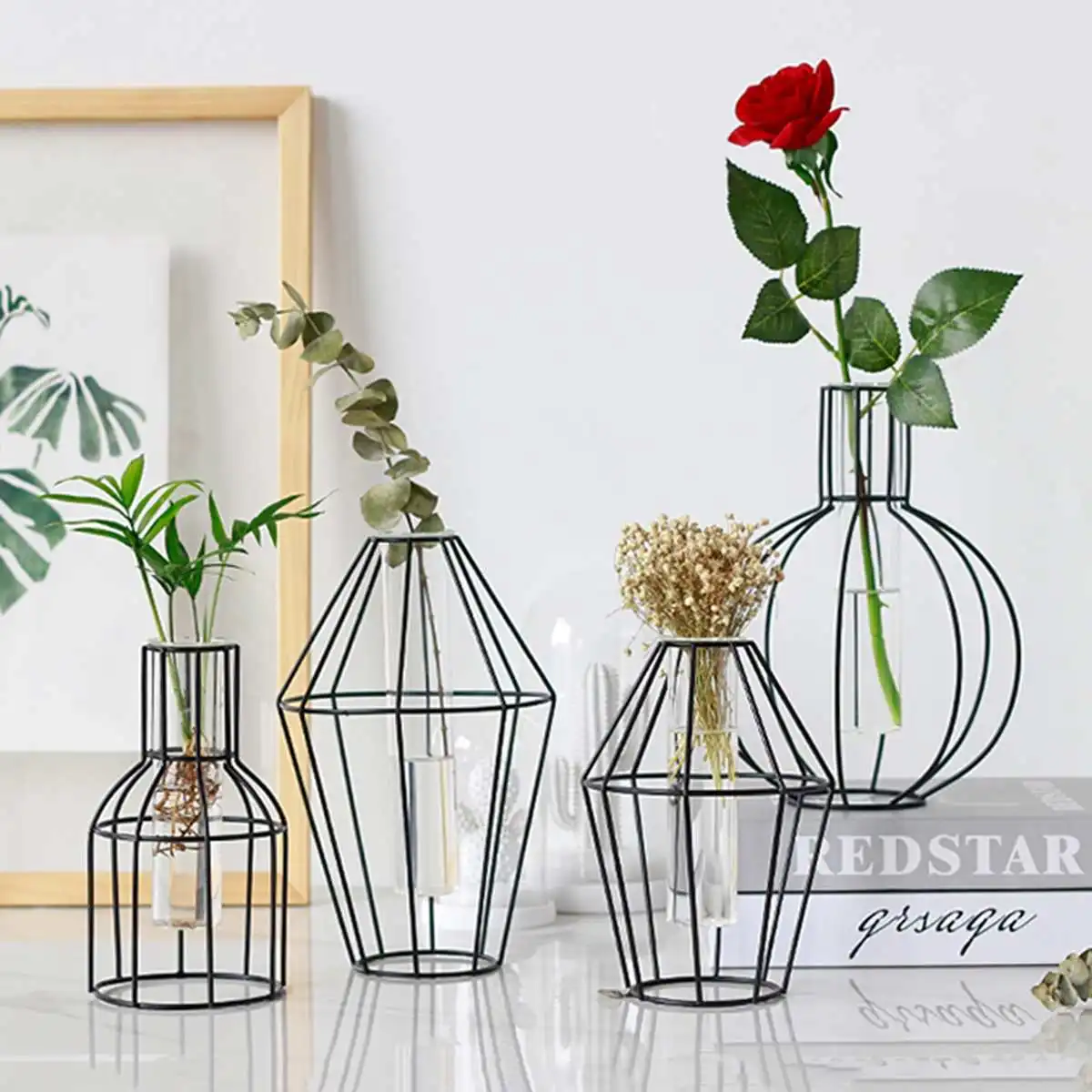 

8 Type Nordic Glass Vase Hydroponic Plant Container Metal Stand Decorative Ornament with Tube Home/Office Desk Decor Gift
