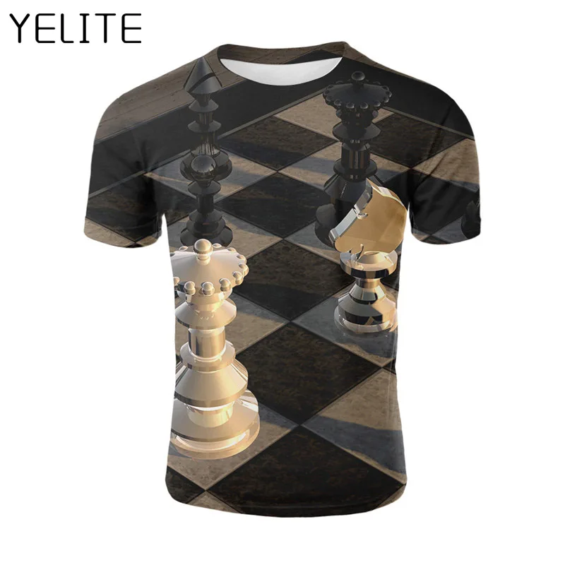 

YELITE 2019 Newest Black and white Go down Sleeve T-Shirt 3d Print serious Chess art T Shirt Novelty Tshirt Tops Tees Male Hot