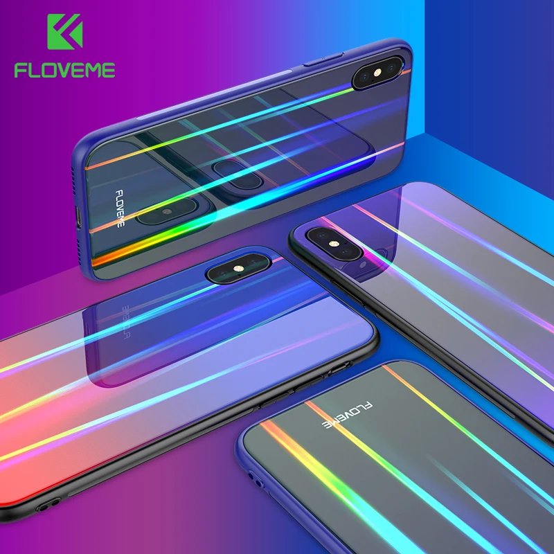 FLOVEME Роскошные Аврора чехол для iPhone X 10 7 8 плюс Чехол градиент закаленное стекло