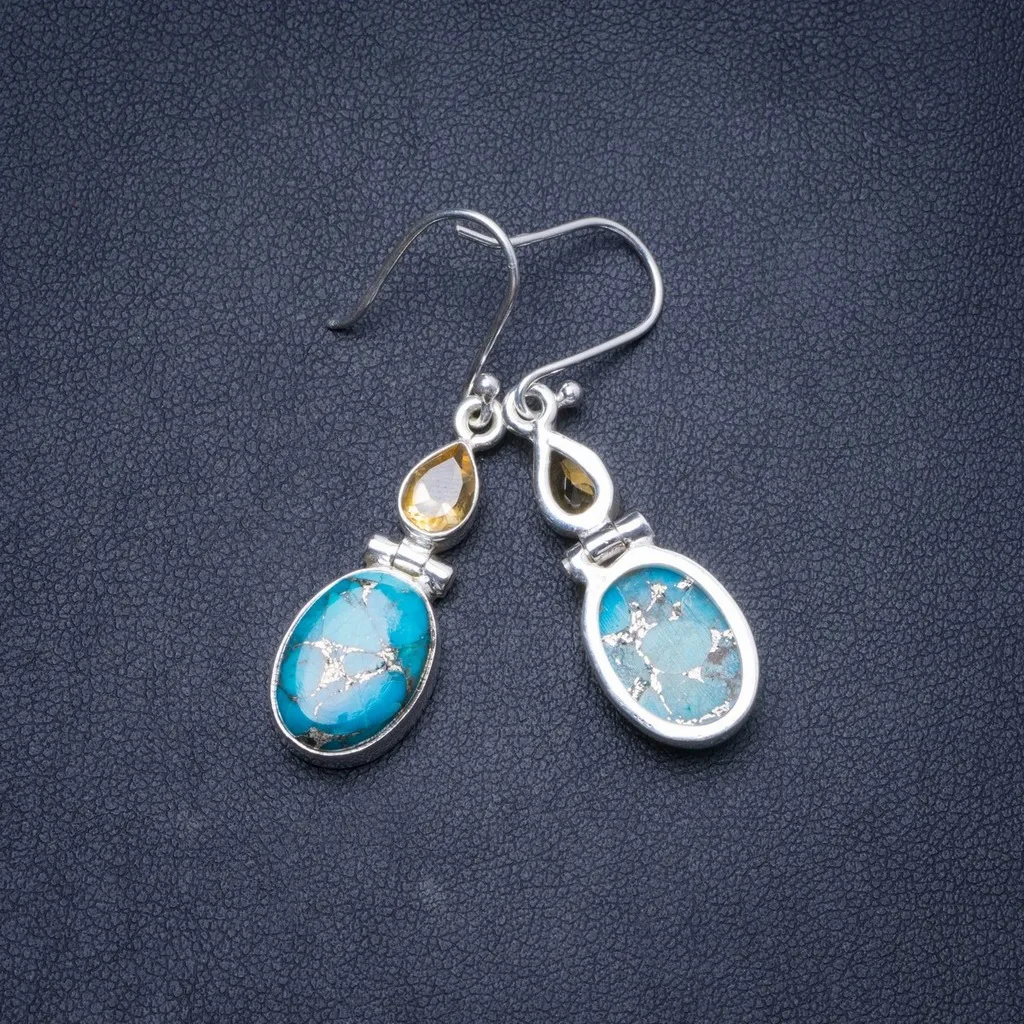 

Natural Turquoise and Citrine Handmade Unique 925 Sterling Silver Earrings 1.5" Y1219