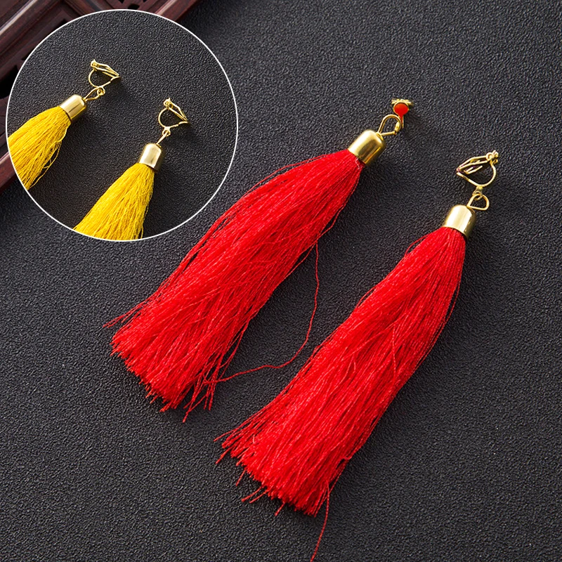 

Sale 1Pair Bright Color Long Tassel Earrings Alloy Ear Clips Women Tassel Pendant Earrings