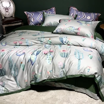 

Luxury Egyptian cotton bedding set Cactus plant print Soft Satin blue tropical pastoral style bed linen duvet cover bedspread
