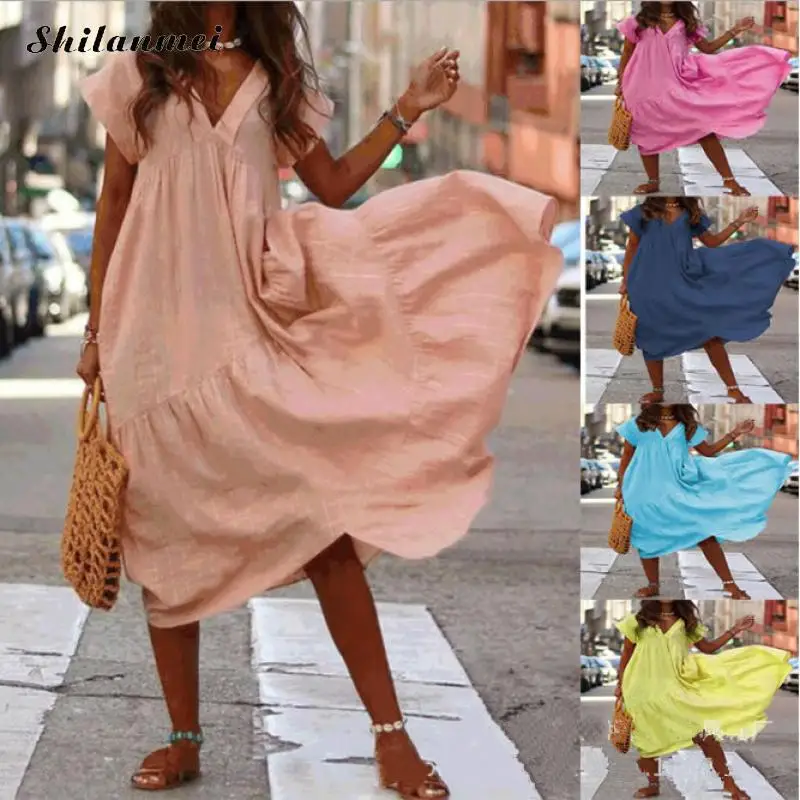 

Plus Size Women Summer Beach Dress V Neck Cotton Long Dress Short Sleeve Solid 2019 Fashion Female Loose Causal Maxi Dresses 3XL