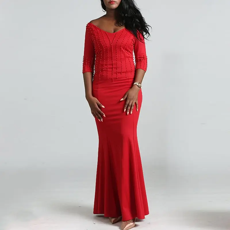 

Women African Bodycon Maxi Dress Elegant Evening Autumn Luxury Fashion Party Mermaid Sexy Robe Beads Deep V Long Dresses Ladies