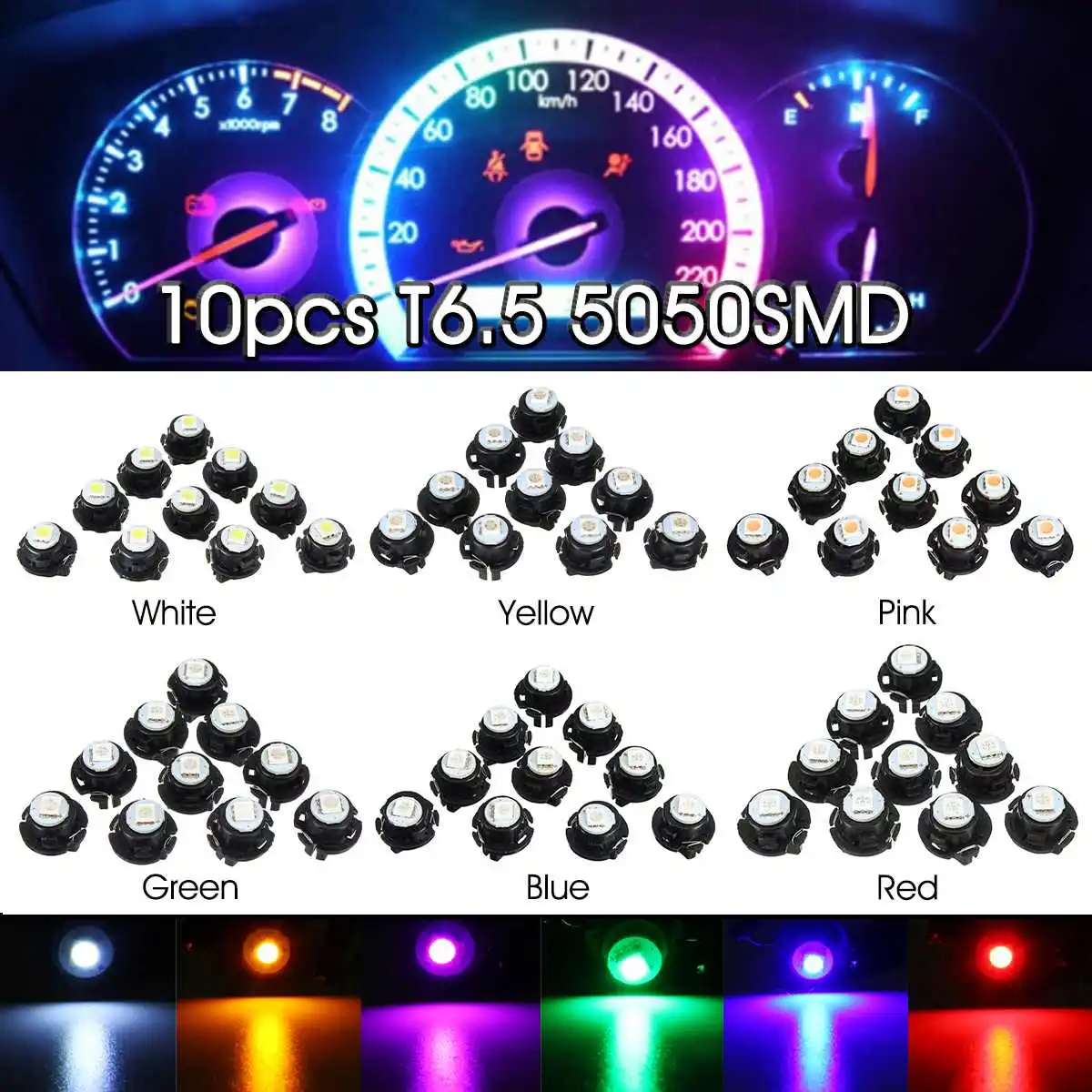 

10Pcs T6.5 5050 LED 1 SMD Lamp Car Gauge Dash Bulb Dashboard Instrument Light Wedge Interior Lamp