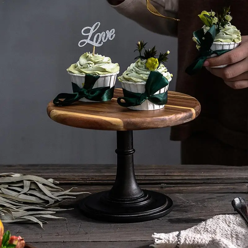  Cake Display Stand Mori Acacia Solid Wooden Hand Polished Baking High Black Metal Leg Tray For Hote