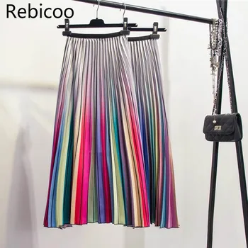

Spring New-Coming Women Skirts Rainbow Striped A-line Mid-Calf Skirts High Street European Style High Quality Skirts