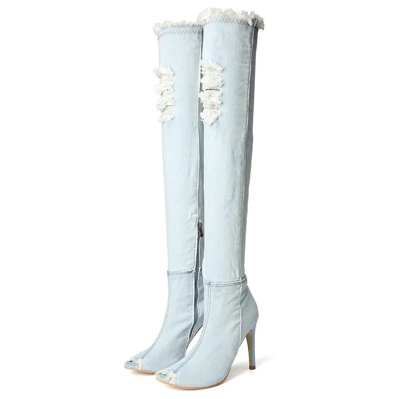 NIS Women Denim Boots, Blue Peep Toe Over The Knee Shoes, Elastic Ripped Jeans Fashion Thigh