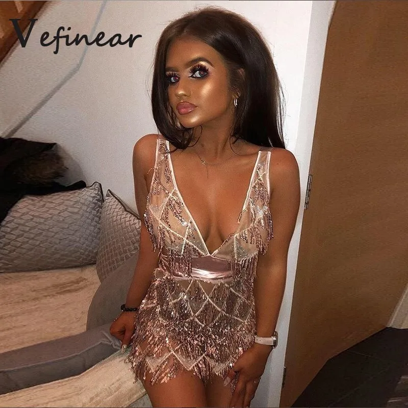 

Sequined Dresses Women Deep V Neck Mini Bodycon Dress Black Female Clubwear Backless Sexy Dress Lady Vestidos