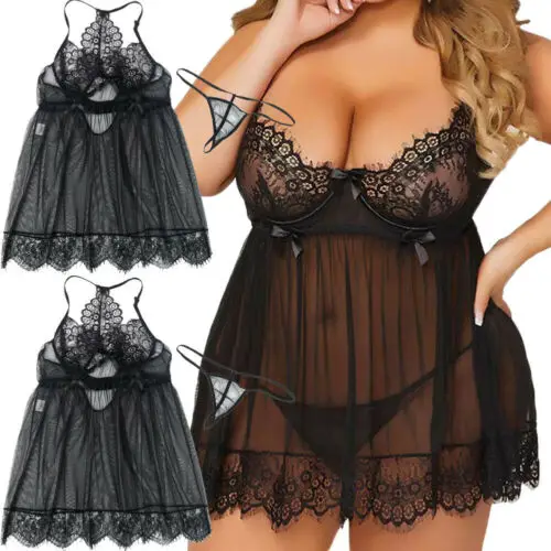 

Plus Size Women's Sexy Lace Floral Dress Babydoll Lingerie Nightwear Sleepwear Plus M-3XL