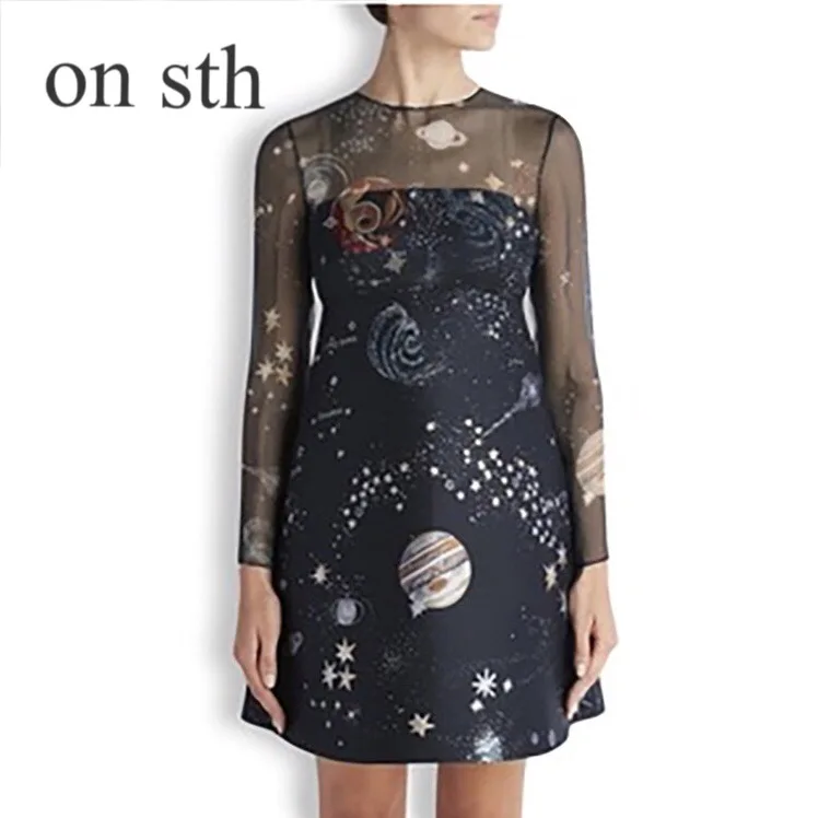 2019 Spring  Summer New Women  Wear Star Pattern Print Dress  Perspective Chiffon Fashion Women Temperament Commuting Printing