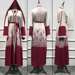 Для женщин мусульманский хлопок платье с цветочным рисунком открытой передней кружево абайя, кафтан длинная рубашка платья для