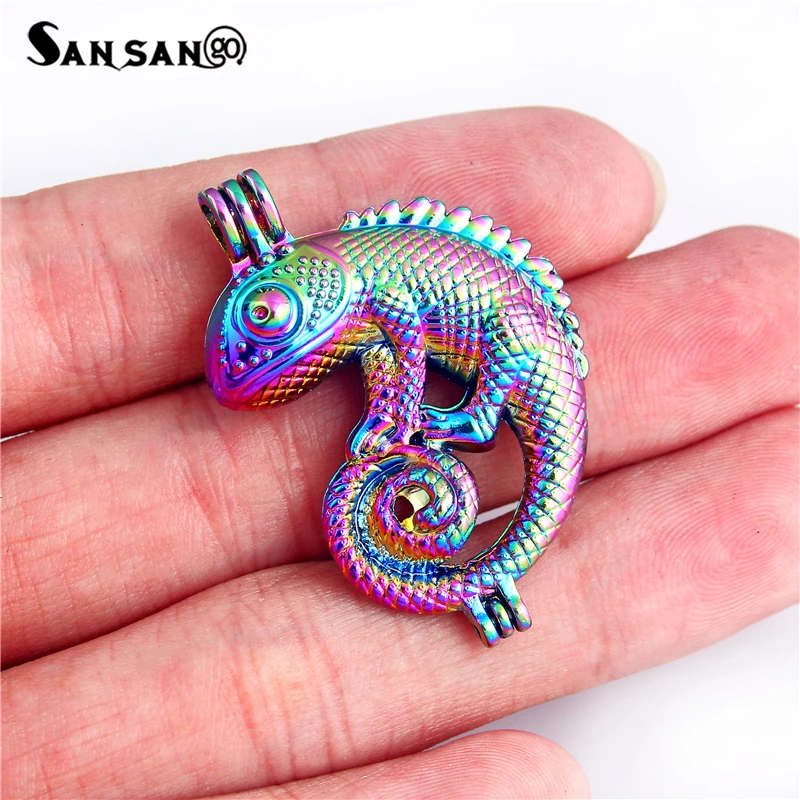 

2 Pcs Chameleon Shape Alloy Locket Pearl Cage Pendant Necklace For DIY Fashion Jewelry Making Bracelet Charm Pendants