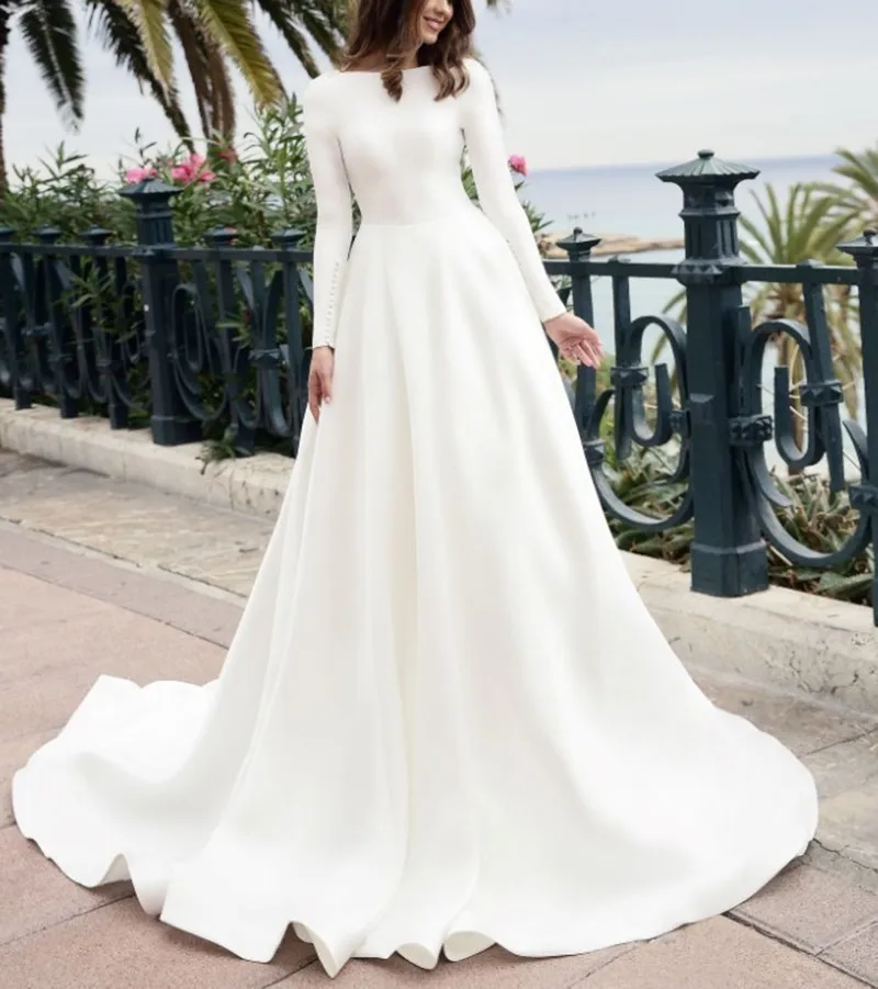 Vivian's Bridal винтажное мягкое Атласное Свадебное бальное платье с длинным рукавом и пуговицей, светоотражающее платье, свадебное платье с блестками и бисером