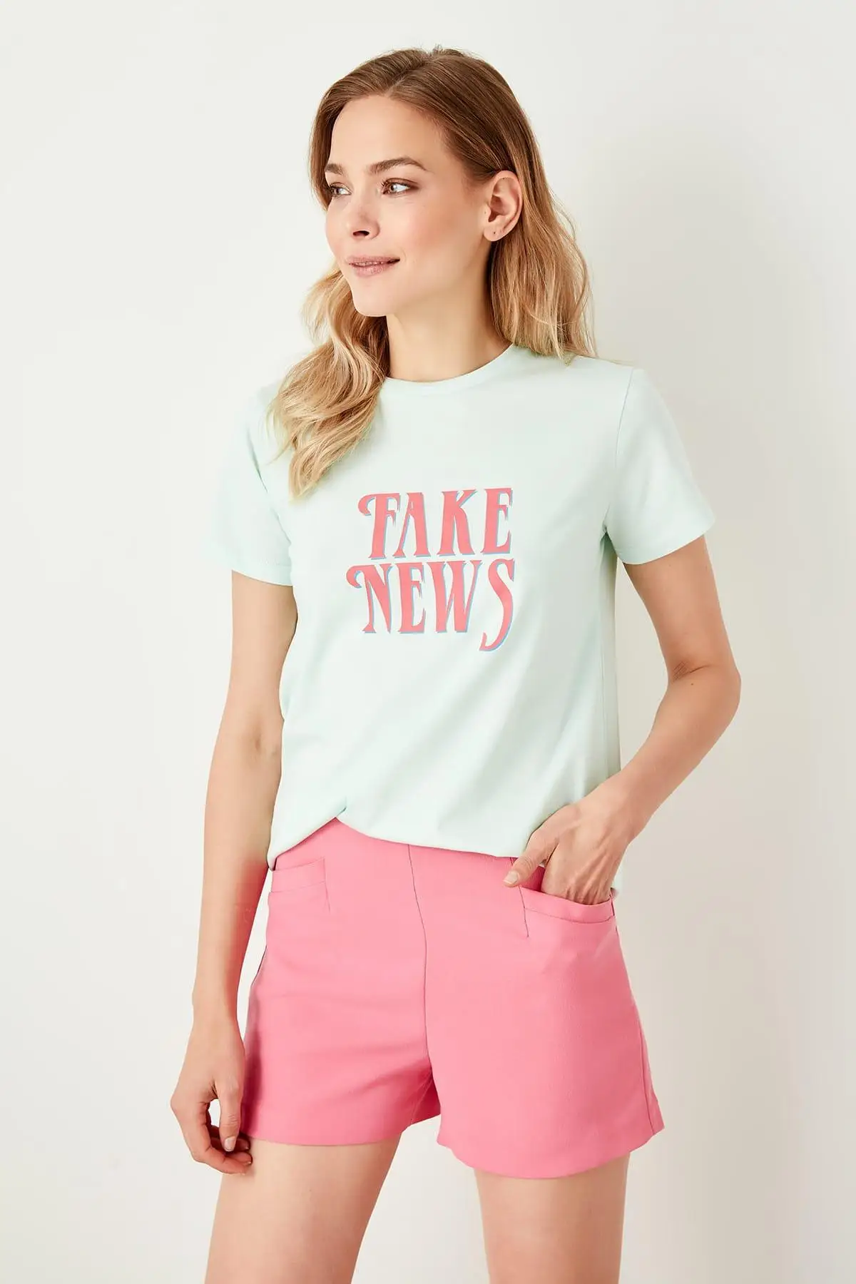 Trendyol мятный базовый Печатный трикотажные футболки TWOSS19VG0209|Футболки| |