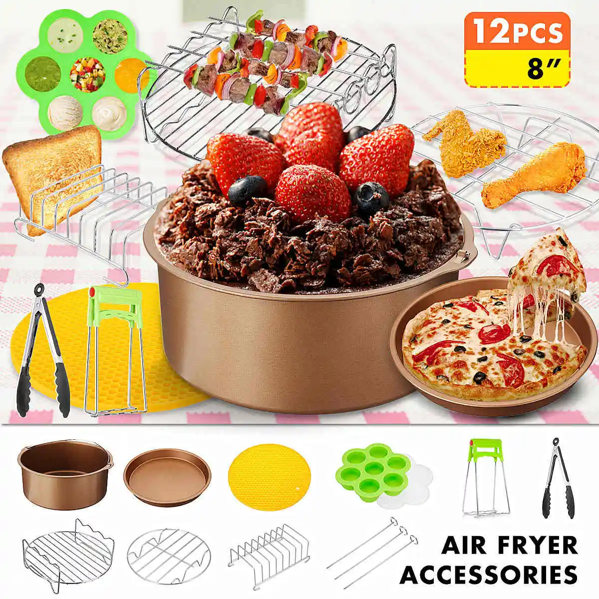 

12Pcs/Set 8 Inch Air Fryer Accessories for 4.2-6.8QT Fryer Accessories Set Cooking Baking Kitchen Tools Drop Shipping Wholesale