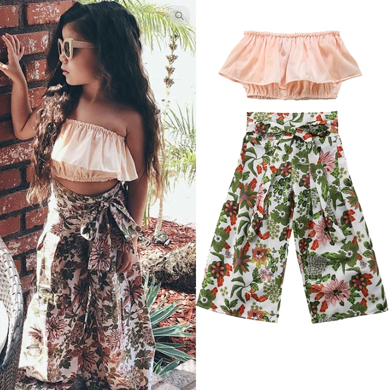 

Pudcoco Toddler Kids Girl Ruffle Crop Tops+Floral High Waist Wide Leg Pant Trouser Outfits Children Baby Girl Clothes Set