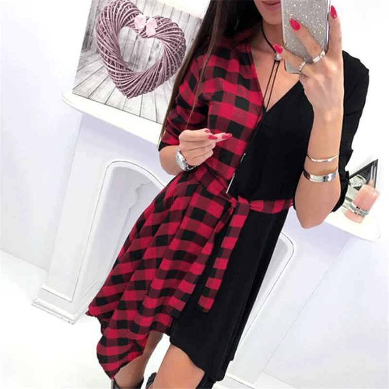 

Women Dresses Evening Party Clothes Casual Plaid Long Sleeve Mini Dress Xmas Womens Dress Christmas Print Ladies Party Dresses