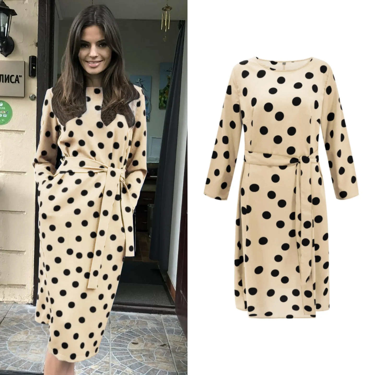 

2019 New Spring and Summer Women's Long-sleeved Round Neck Tie Waist Waist Dot Print Long Dress Dames Jurken Vestidos Elegantes