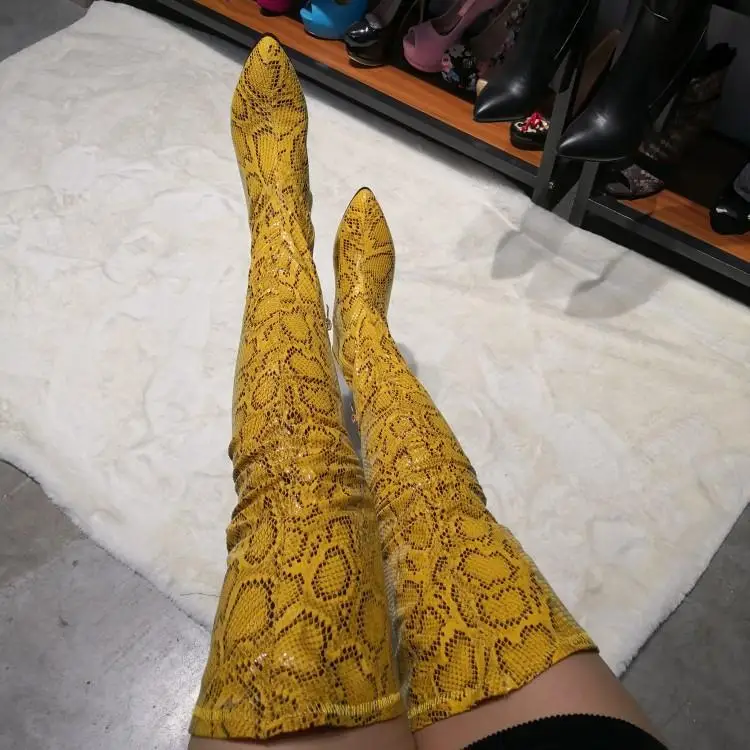 

Spring Gladiator Yellow Python Leather Thigh High Boots Pointed Toe Low Heels Snakeskin Over the Knee Boots Women Long Bottin