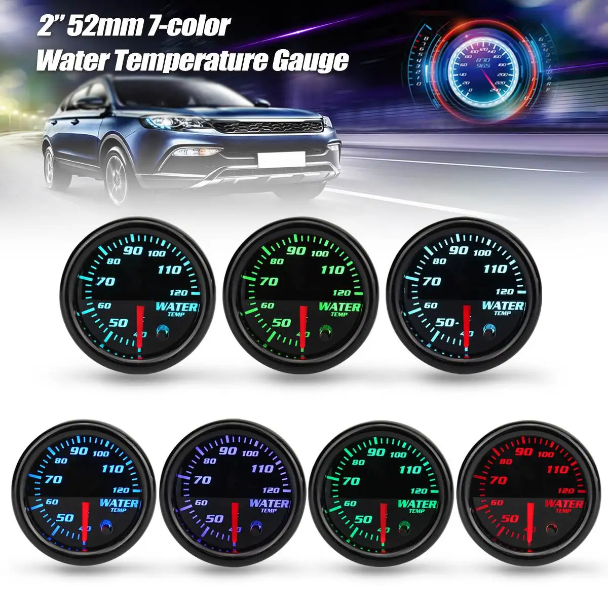 

12V Universal 2inch 52mm Water Temperature Gauge Digital 7-color LED Display Car Meter Water temp