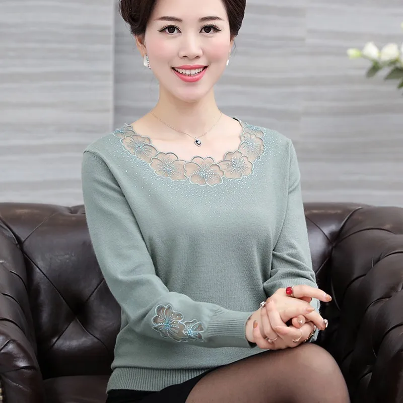 

Women Sweater Elastic Solid O-neck 2019 Spring Summer Fashion Slim Sexy Lace Patchwork Knitted Pullovers Plus Size 4XL