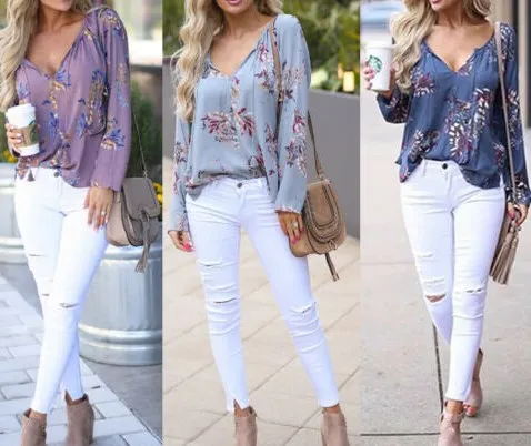 

Fashionable Women Summer Floral Tops Ladies Long Sleeve Sexy And Charming V Neck Beach T-Shirt Popular