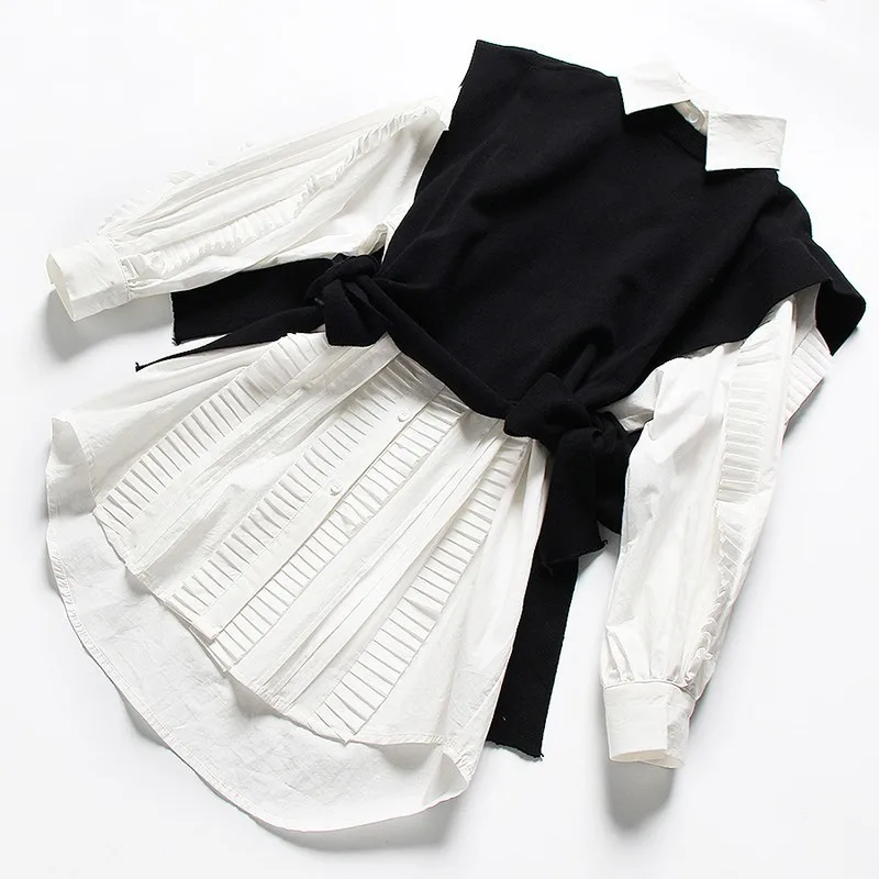 [EAM] Новинка, весна-лето, длинный белый свободный плиссированный вязаный бандажный жилет с отворотом, платье-рубашка из двух частей, Женская мода JL177