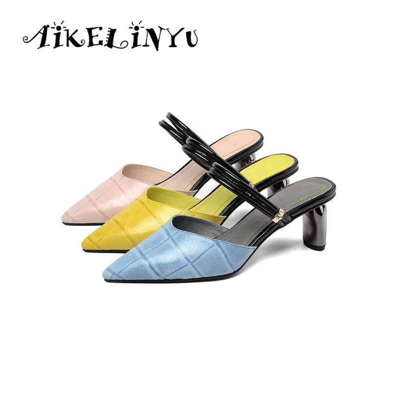 AIKELINYU/Летняя обувь женские шлепанцы из натуральной кожи на низком каблуке модные