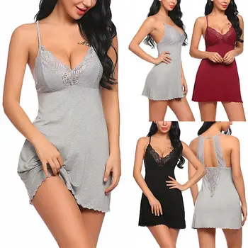 

Women Summer Sexy Sleeveless V-eck Nightwear Underwear Ladies Babydoll Sleepwear Lace Nightdress