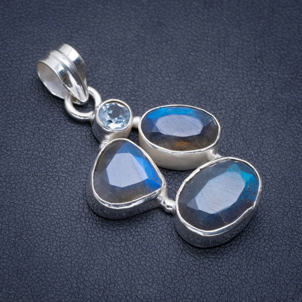 

Natural Blue Fire Labradorite and Blue Topaz Handmade Unique 925 Sterling Silver Pendant 1.5" A1728