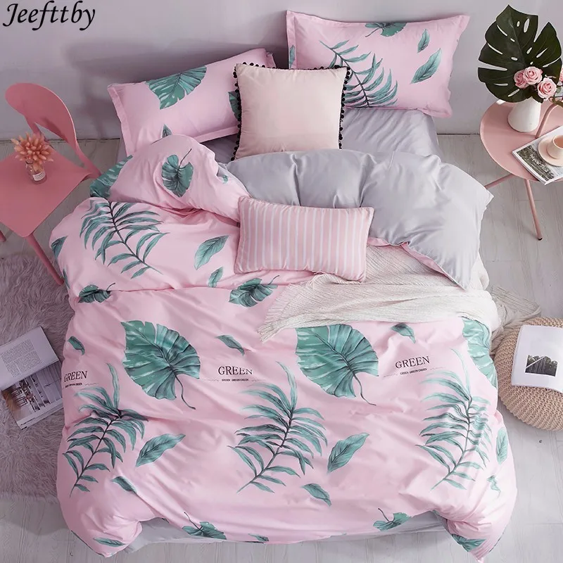 Pink Green Leaf Winter Bedding Sets Full King Twin Queen King Size