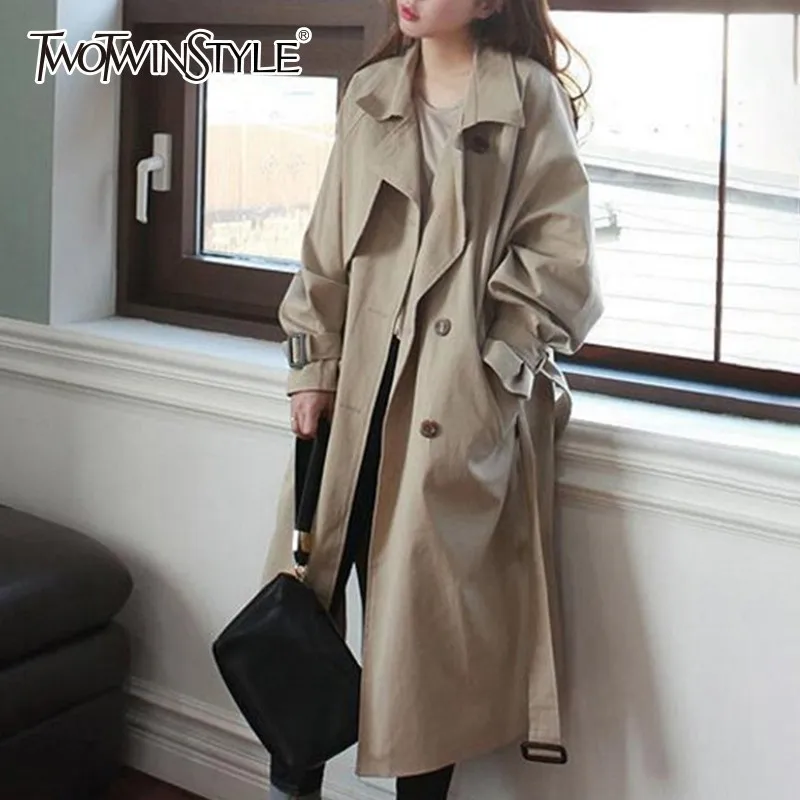 

TWOTWINSTYLE Basic Trench Coats Female Lapel Collar Long Sleeve Bandage Side Split Women's Windbreaker 2019 Spring Autumn Tide