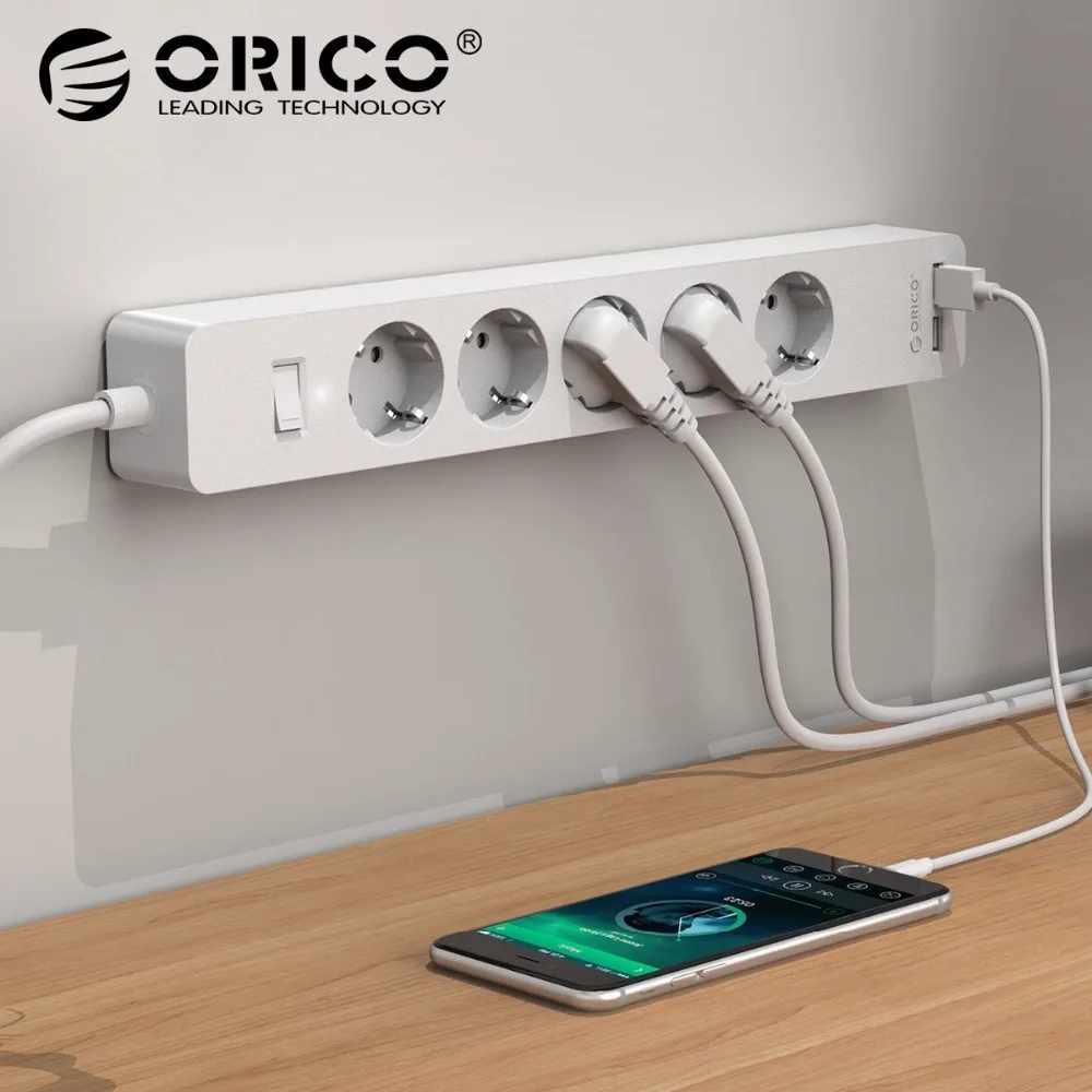 ORICO USB Power Strip Socket with 2 USB 2.4A Fast Charging Standard Extension Socket Plug Power Strip Home Electronics Adapter