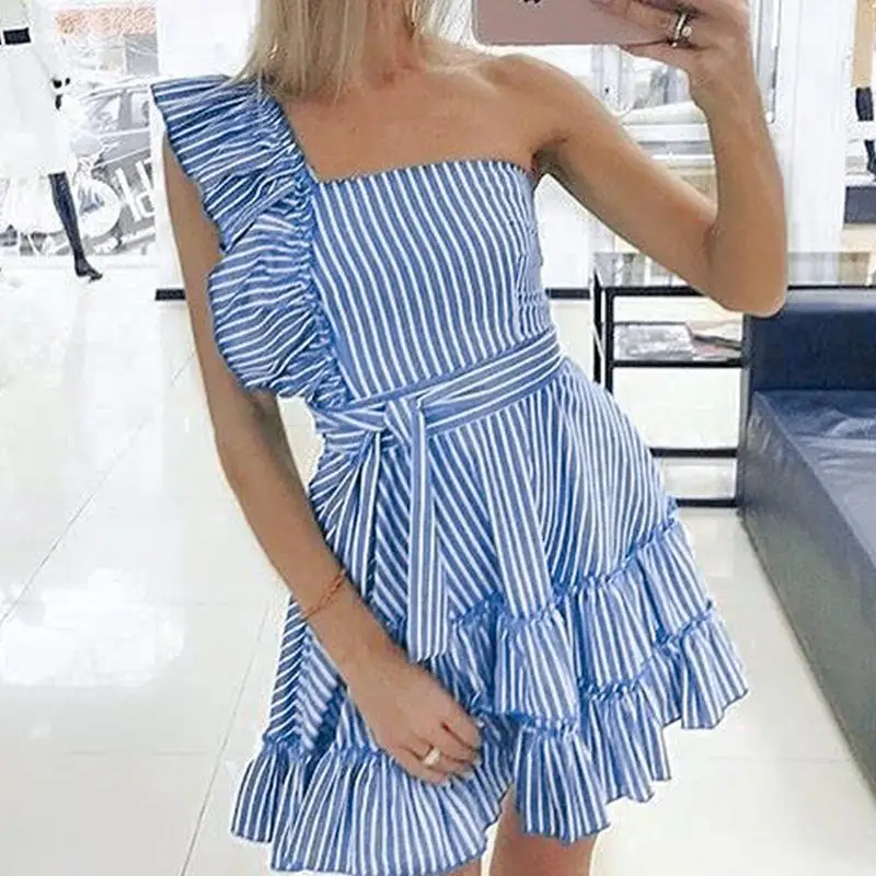 

Melegant 2019 One Shoulder Sexy Casual Feminine Short Dresses Sashe Stylish Dress Women Stripe Office Party Club Dress Vestidos