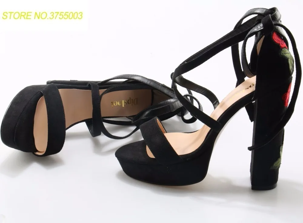 

Fashion Faux Black Suede Leather Ladies High Platform Sandals Super High Chunky Heel Women Lace Up Dress Shoes Embroidery Flower