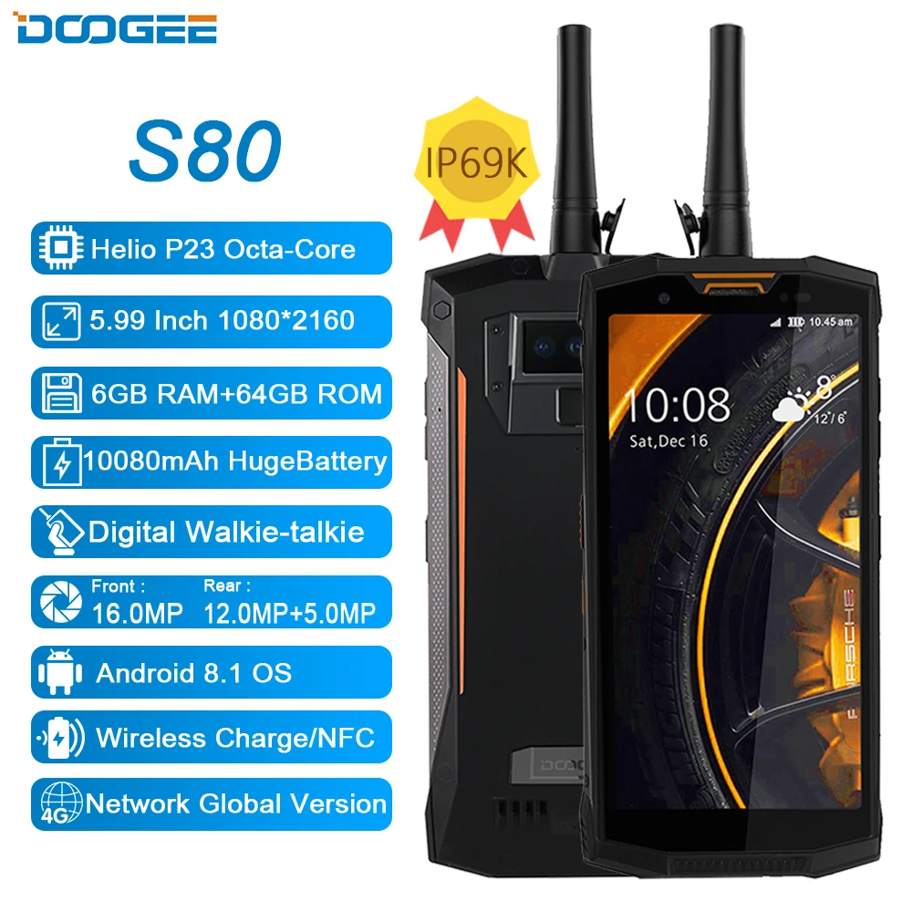 DOOGEE S80 мобильный телефон IP68/IP69K Walkie talkie Беспроводная зарядка NFC 10080 мАч 12V2A 5 99 FHD Helio