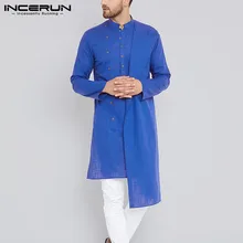 INCERUN, мужская длинная рубашка, хлопок, длинный рукав, приталенная, мужская рубашка, Ретро стиль, одноцветная, ассиметричные рубашки, пакистанские топы, Мужская индийская одежда