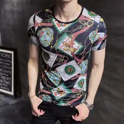 Корейская карта печати футболка человек Ice Шелковый короткая барокко Pantalon Moda вечерние Вечеринка Camiseta Hombre манга Corta 2019 Homme Hombre