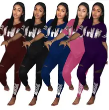Two Piece Set 2019 Summer Women Sets PINK Print V-Neck T shirt Top And Pants Ladies 2 Piece Outfit Set Casual Women Tracksuit