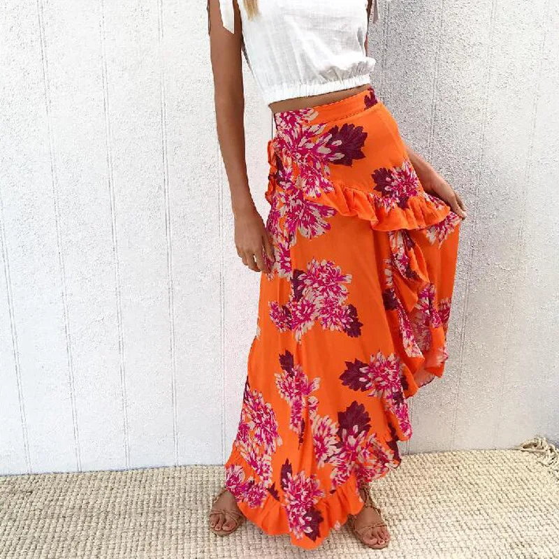 Летняя модная женская длинная юбка с принтом ассиметричный, с высокой талией в стиле ампир Повседневная Женская Макси юбка плиссированная юбка до щиколотки оранжевый