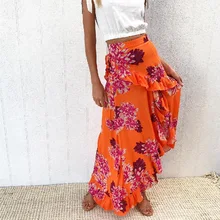 Летняя модная женская длинная юбка с принтом ассиметричный, с высокой талией в стиле ампир Повседневная Женская Макси юбка плиссированная юбка до щиколотки оранжевый