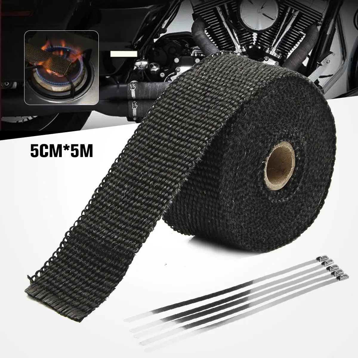 

1.6mm x 5cm x 5m Roll Titanium Thermal Exhaust Header Pipe Heat Wrap Tape + Stainless Ties Kit With 6 Straps Black