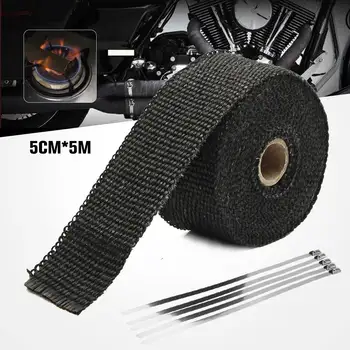 

1.6mm x 5cm x 5m Roll Titanium Thermal Exhaust Header Pipe Heat Wrap Tape + Stainless Ties Kit With 6 Straps Black