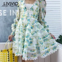 [LIVIVIO] элегантное женское кружевное платье в стиле бохо с цветочным рисунком, длинным рукавом-фонариком и v-образным вырезом, женские платья миди, весна, корейская мода