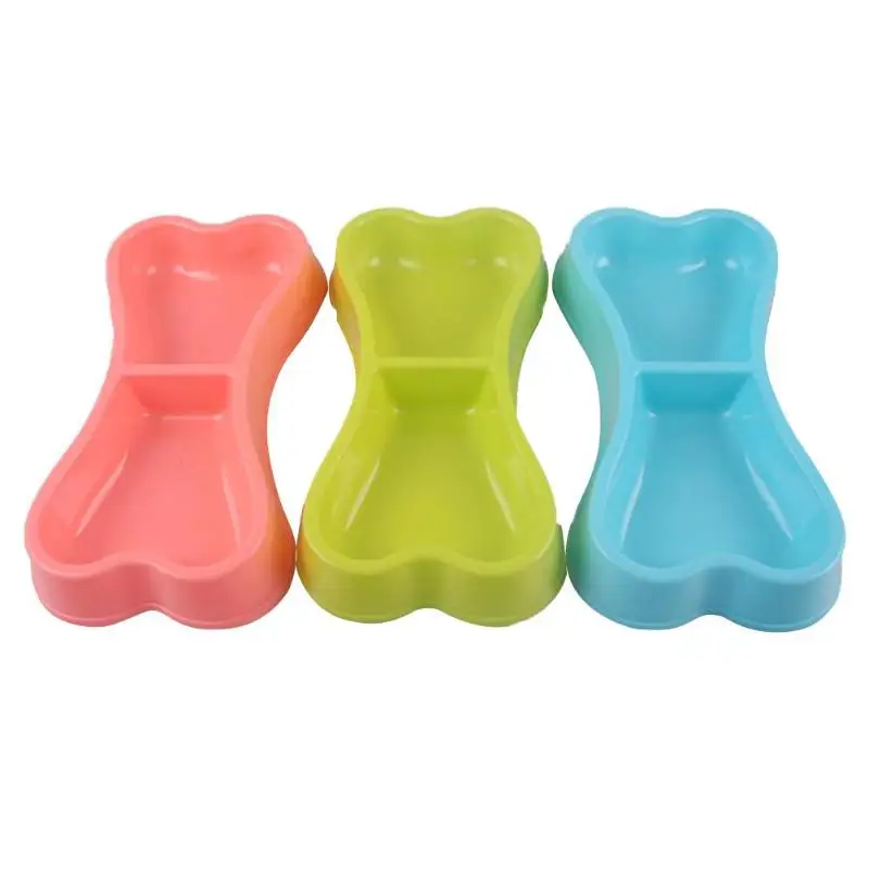 Plastic Bone Shape Dog Double Bowls Puppy Water Food Feeder Cats Feed