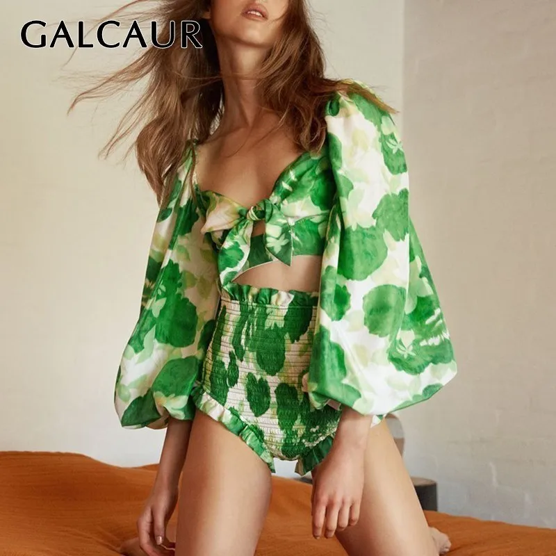 

GALCAUR Summer Sexy Two Piece Set Women Square Collar Lantern Sleeve Crop Top High Waist Slim Shorts Female Suit Fashion 2020